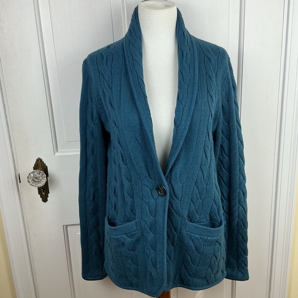 Talbots Cable Knit Cardigan Sweater Grandpa Chunky Teal Boho